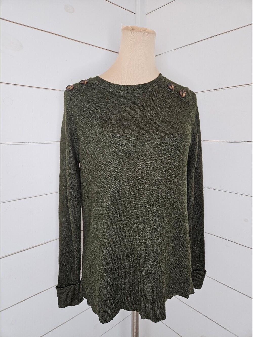 Pink Clover medium army green crew neck sweater with button details at shoulders